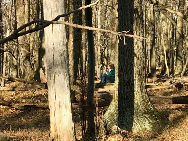 woman sitting in woods